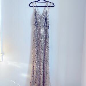 NWT Adrianna Papell nude sequin beaded blouson crossback gown sz 8M